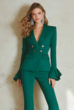 2 Piece Satin Dark Green Double Breasted Rufflu Sleeves Women Ball Suits