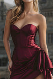 Bodycon Strapless Corset Satin Short Burgundy Homecoming Dress with Streamer