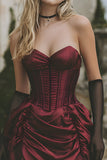 Burgundy Strapless Corset Satin Short Bodycon Homecoming Dress