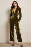 Green Velvet Peak Lapel Long Sleeves Jumpsuits