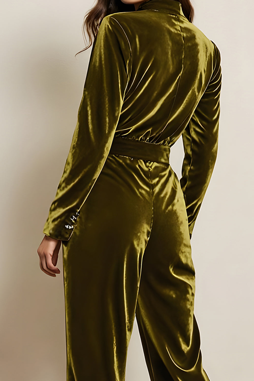 Green Velvet Peak Lapel Long Sleeves Jumpsuits