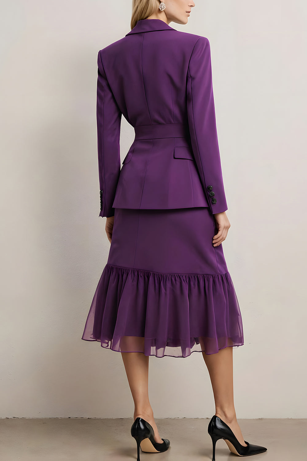 Dark Purple 2 Piece Peak Lapel Pencil Midi Business Suits