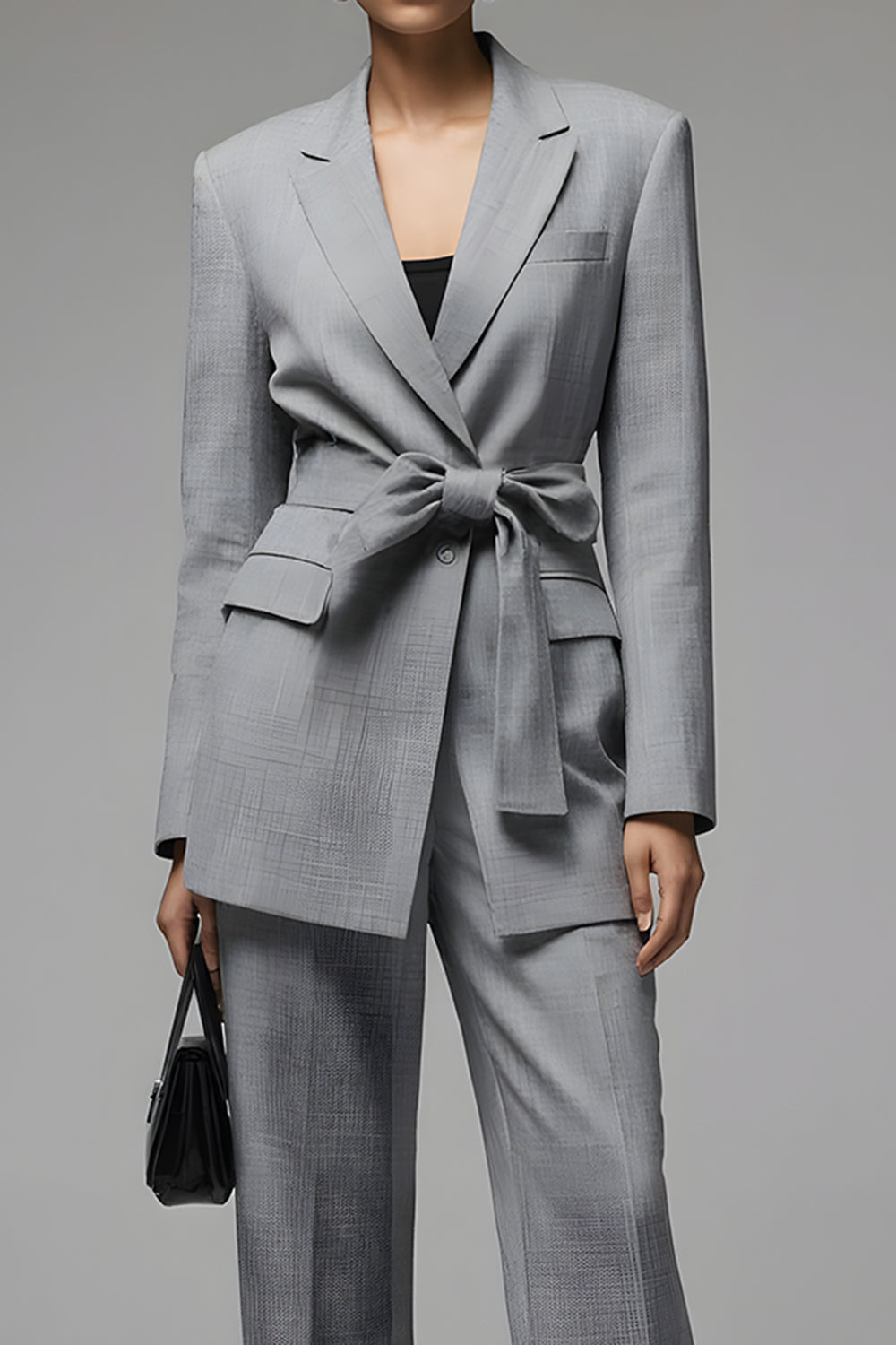 Grey Notched Lapel 2 Piece Women Suits with Bowknot