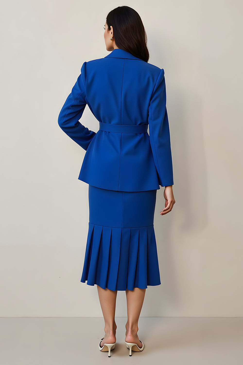 Royal Blue Ruffled Notched Lapel 2 Piece Women Suits with Belt