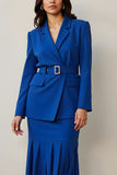 Royal Blue Ruffled Notched Lapel 2 Piece Women Suits with Belt