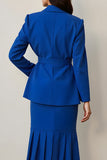 Royal Blue Ruffled Notched Lapel 2 Piece Women Suits with Belt