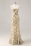 Champagne Floral Mermaid Printed Bridesmaid Dress with Slit