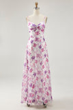 Purple Floral A Line Spaghetti Straps Printed Wedding Guest Dress