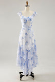 Blue Floral Printed A Line Ruffled Wedding Guest Dress