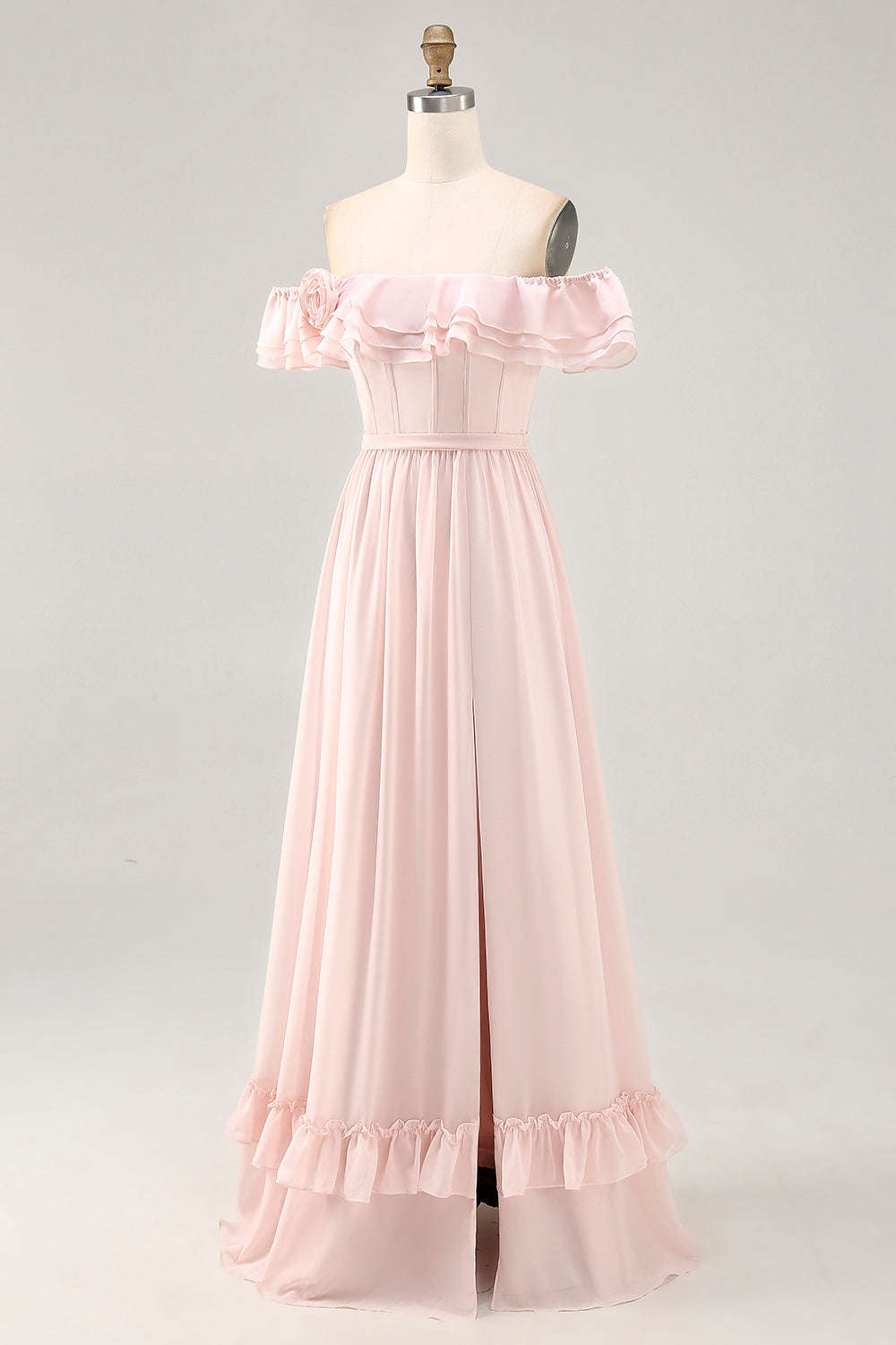 Off The Shoulder Blush Ruffled A Line Bridesmaid Dress with Slit