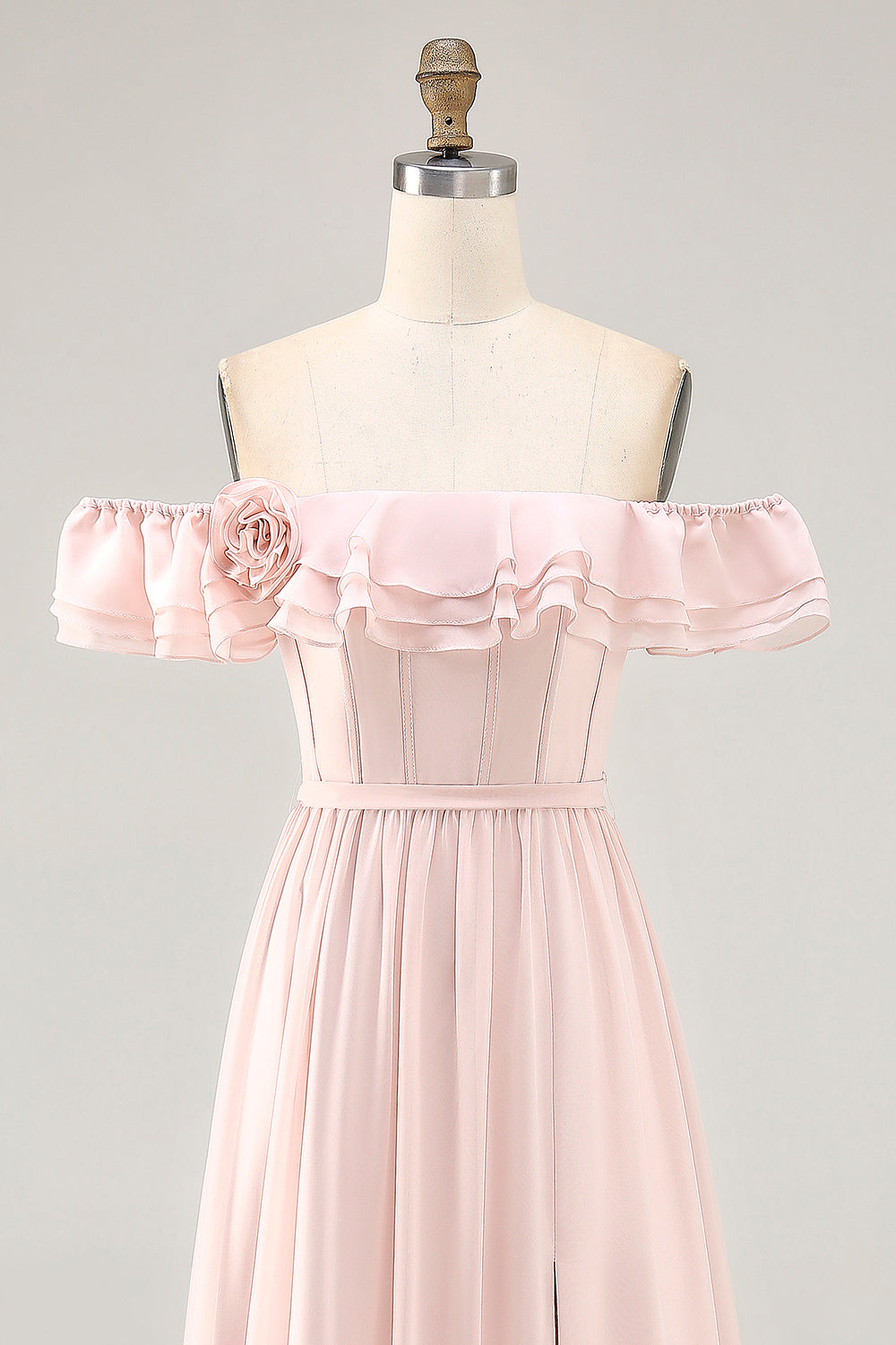 Off The Shoulder Blush Ruffled A Line Bridesmaid Dress with Slit
