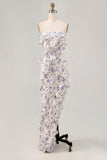 Blue Floral Sheath Strapless Ruffled Bridesmaid Dress