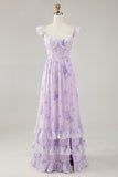 Lavender Flower Printed Ruffled A Line Bridesmaid Dress with Slit