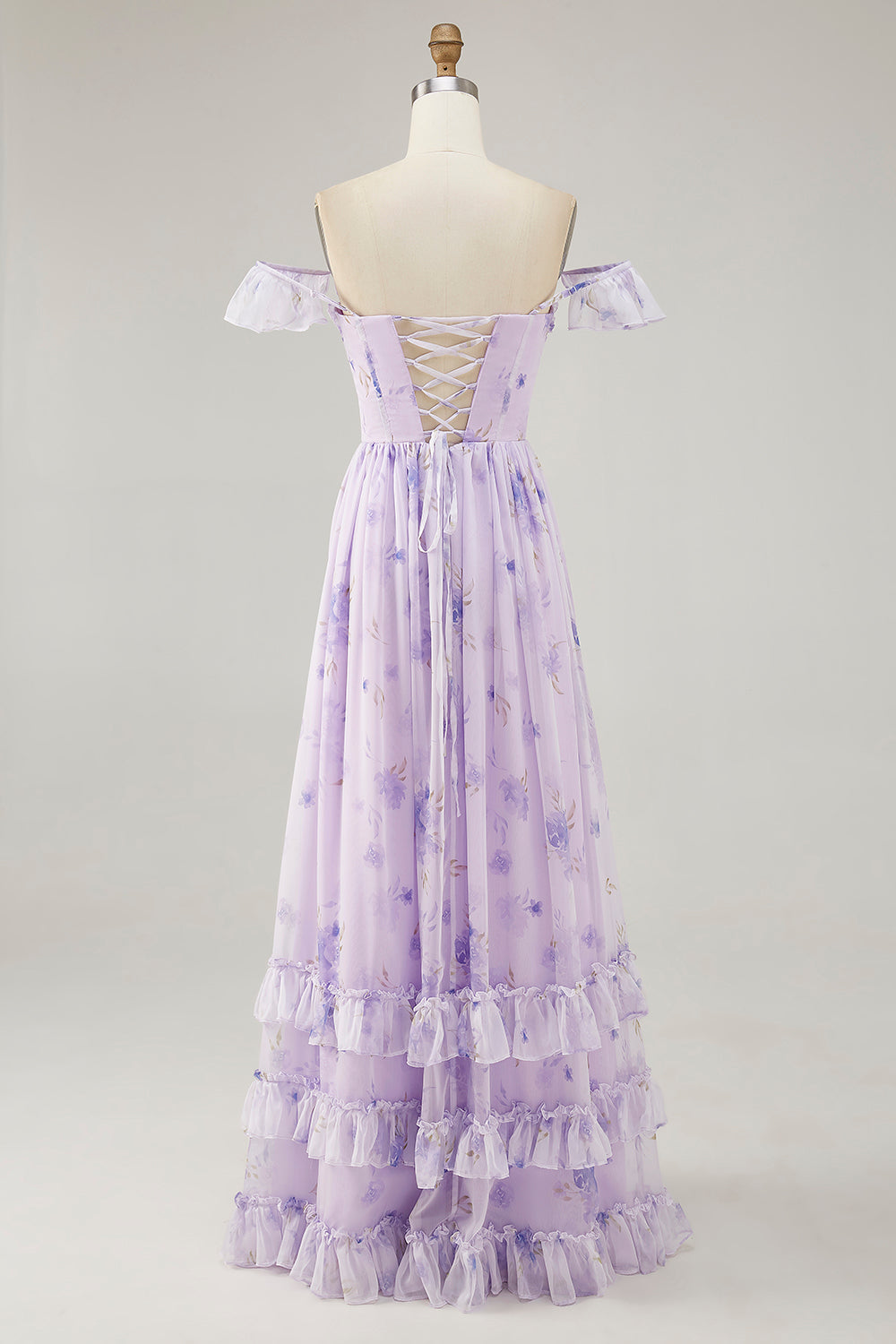 Lavender Flower Printed Ruffled A Line Bridesmaid Dress with Slit
