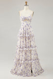 Purple Flower Printed A Line Cut Out Wedding Guest Dress with Slit