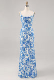 Blue Flower Cowl Neck Mermaid Long Wedding Guest Dress