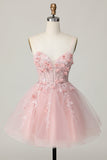 Pink Corset A Line Short Appliqued Homecoming Dress with Beading