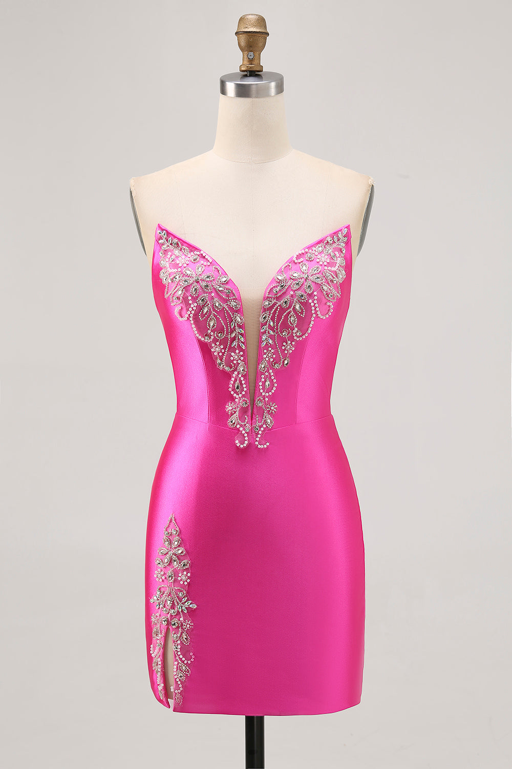 Fuchsia Strapless Beaded Bodycon Homecoming Dress with Slit