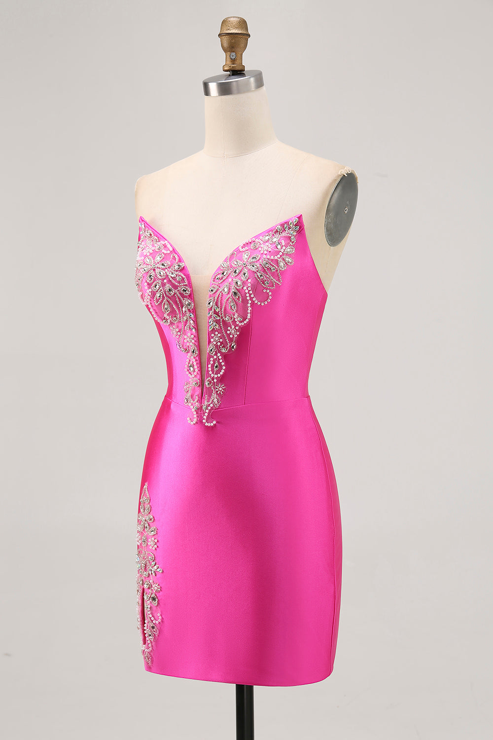 Fuchsia Strapless Beaded Bodycon Homecoming Dress with Slit