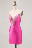 Fuchsia Strapless Beaded Bodycon Homecoming Dress with Slit