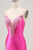 Fuchsia Strapless Beaded Bodycon Homecoming Dress with Slit