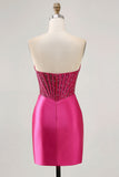 Sparkly Fuchsia Corset Tight Satin Short Homecoming Dress