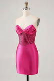 Sparkly Fuchsia Corset Tight Satin Short Homecoming Dress