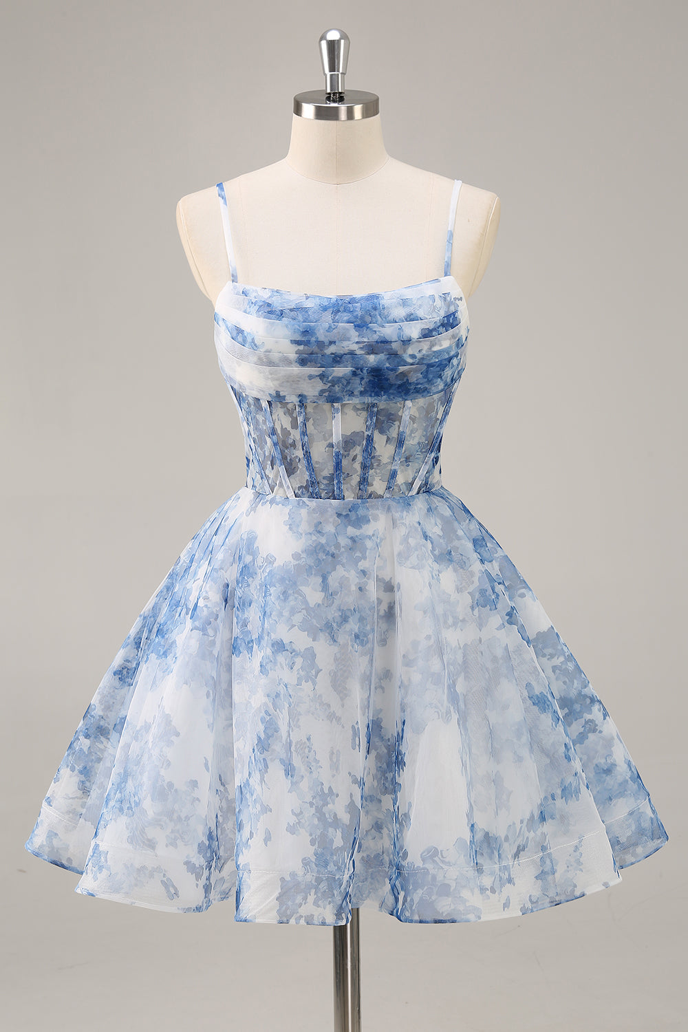 White Blue Flower A Line Corset Ruched Short Cocktail Dress