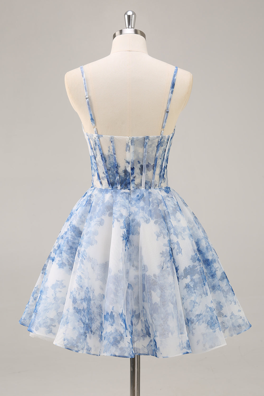 White Blue Flower A Line Corset Ruched Short Cocktail Dress