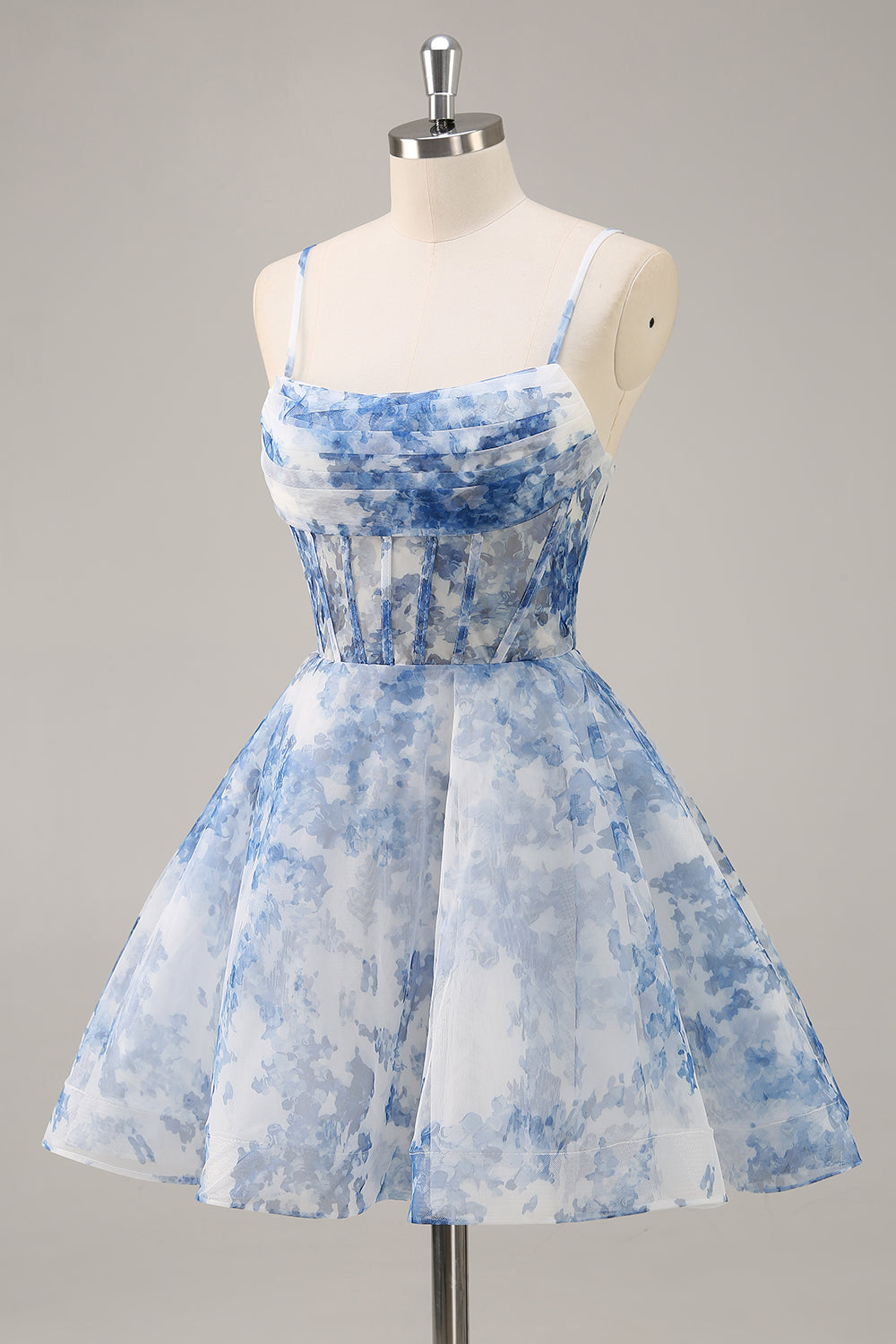 White Blue Flower A Line Corset Ruched Short Cocktail Dress