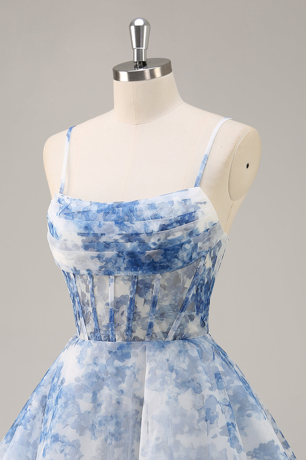 White Blue Flower A Line Corset Ruched Short Cocktail Dress