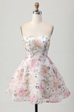 Sparkly A-Line Strapless Floral Short Homecoming Dress with Sequins