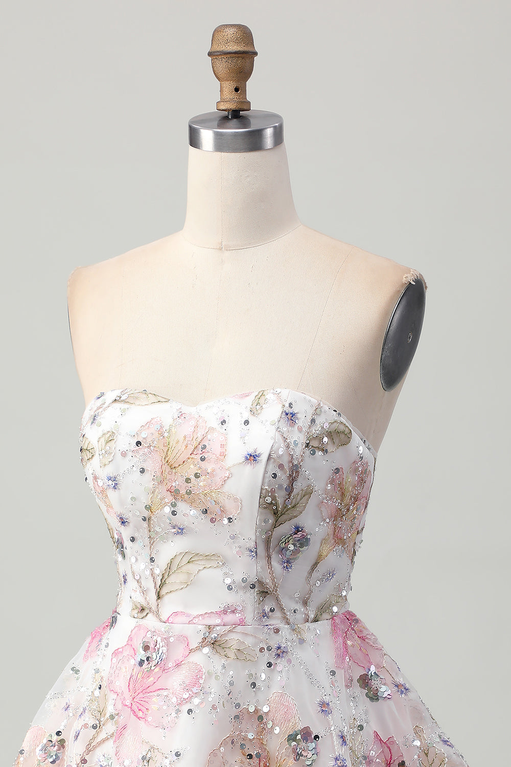 Sparkly A-Line Strapless Floral Short Homecoming Dress with Sequins