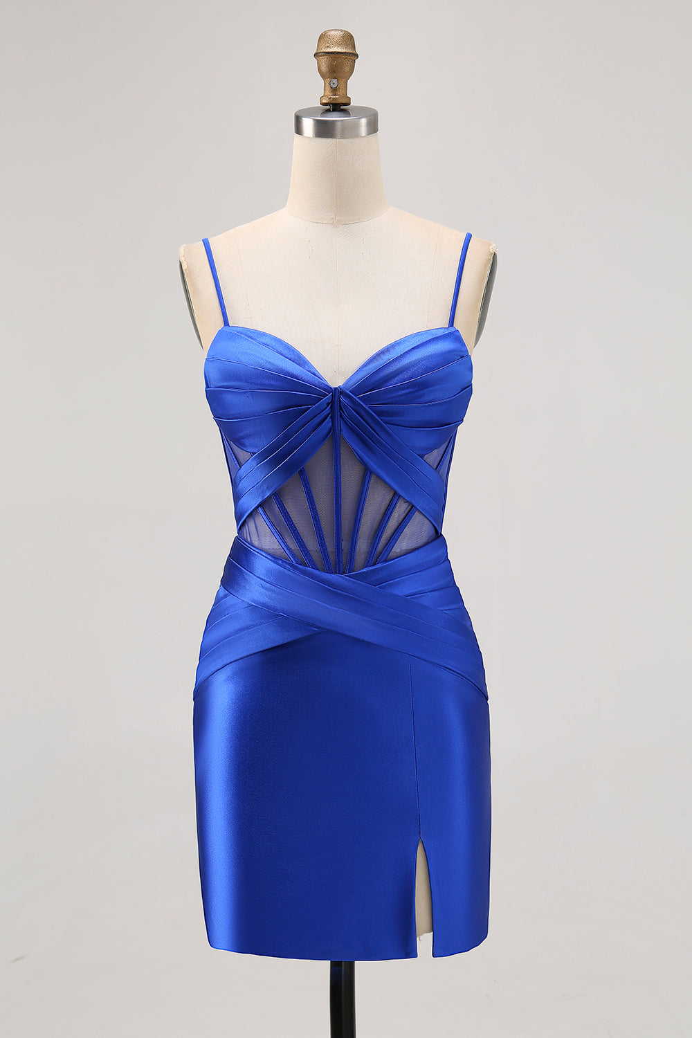 Royal Blue Sheer Corset Pleated Tight Homecoming Dress with Slit