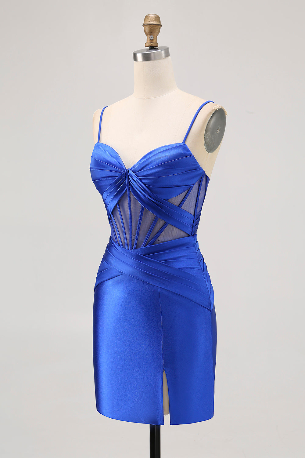 Royal Blue Sheer Corset Pleated Tight Homecoming Dress with Slit
