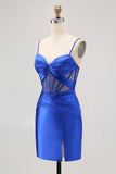 Royal Blue Sheer Corset Pleated Tight Homecoming Dress with Slit