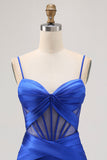 Royal Blue Sheer Corset Pleated Tight Homecoming Dress with Slit