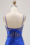 Royal Blue Sheer Corset Pleated Tight Homecoming Dress with Slit