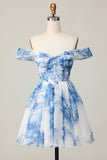 White Blue Flower Off the Shoulder A Line Short Homecoming Dress