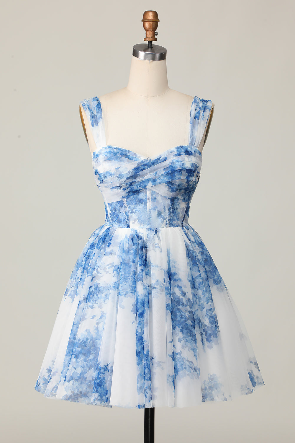 White Blue Flower Off the Shoulder A Line Short Homecoming Dress