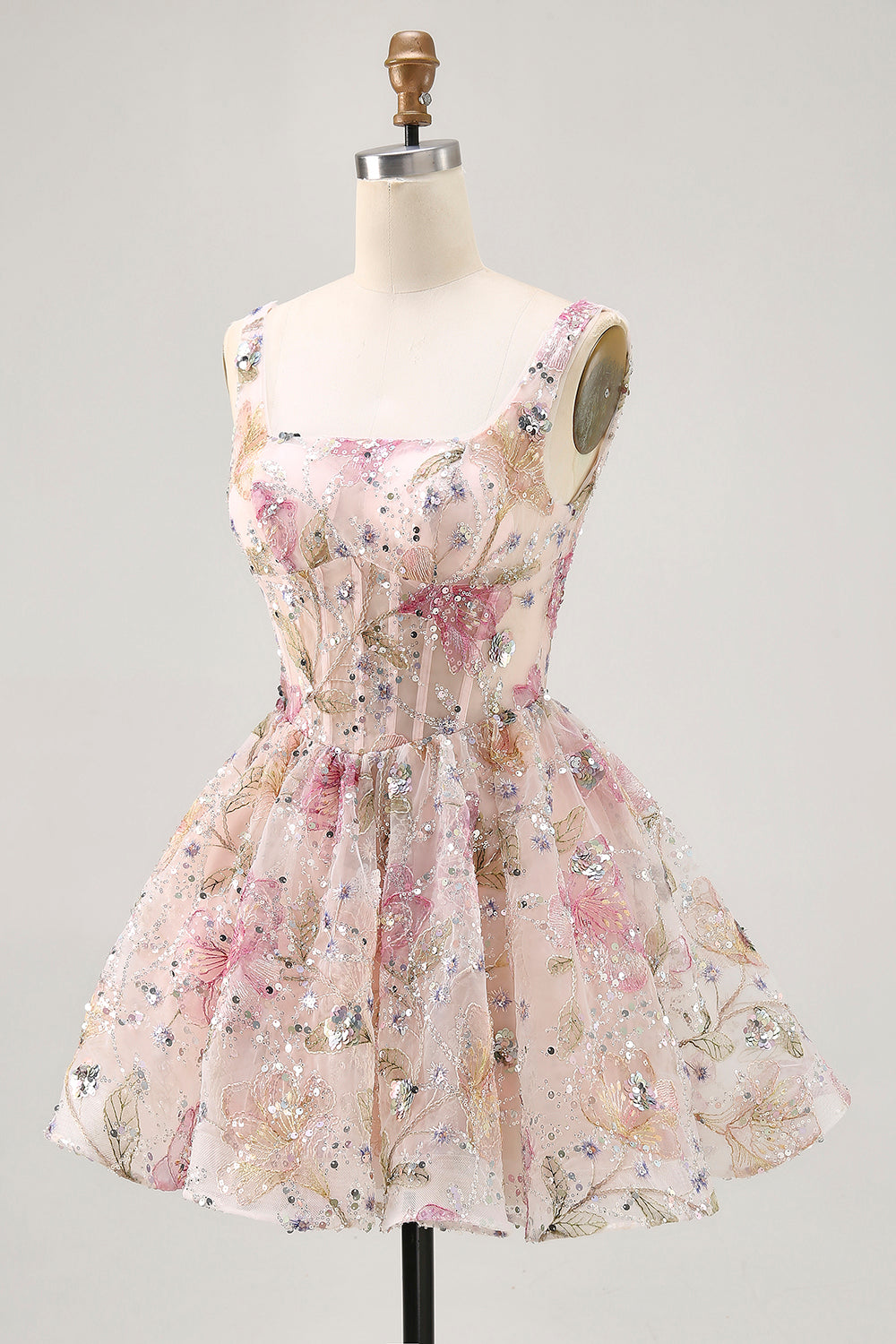 Sparkly Floral A-line Square Neck Sequins Short Homecoming Dress with Lace Up Back