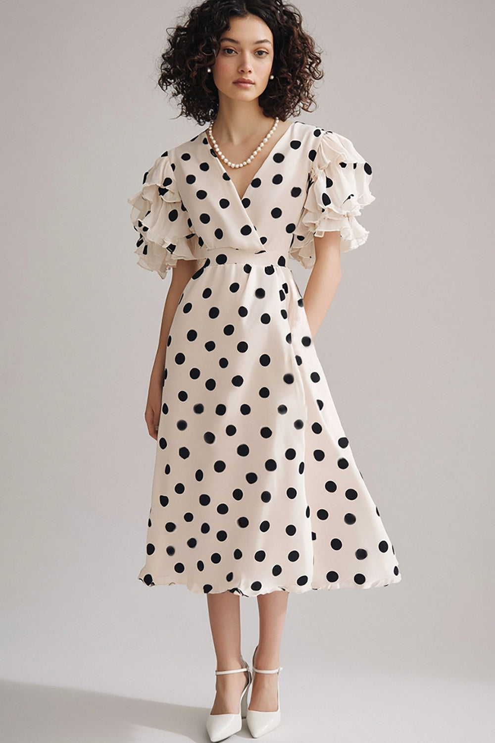 Ivory Black Dot A Line V Neck Cocktail Dress with Short Sleeves
