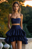 Navy Short A-Line Cocktail Dress with Ruffles