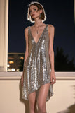 V-Neck A-Line Silver Grey Cocktail Dress