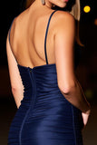 Navy Spaghetti Straps Ruched Bodycon Cocktail Dress