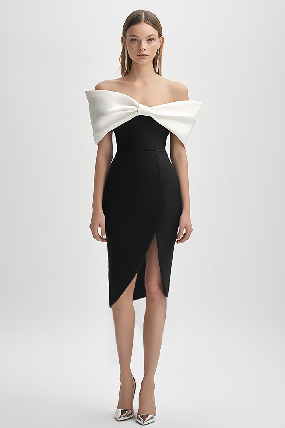 Ivory and Black Off the Shoulder Bodycon Cocktail Dress with Slit
