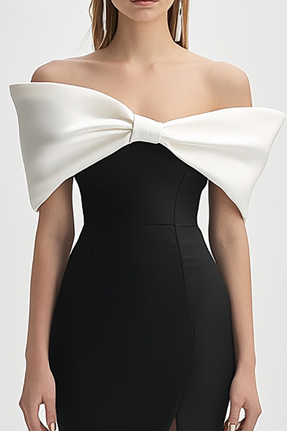 Ivory and Black Off the Shoulder Bodycon Cocktail Dress with Slit