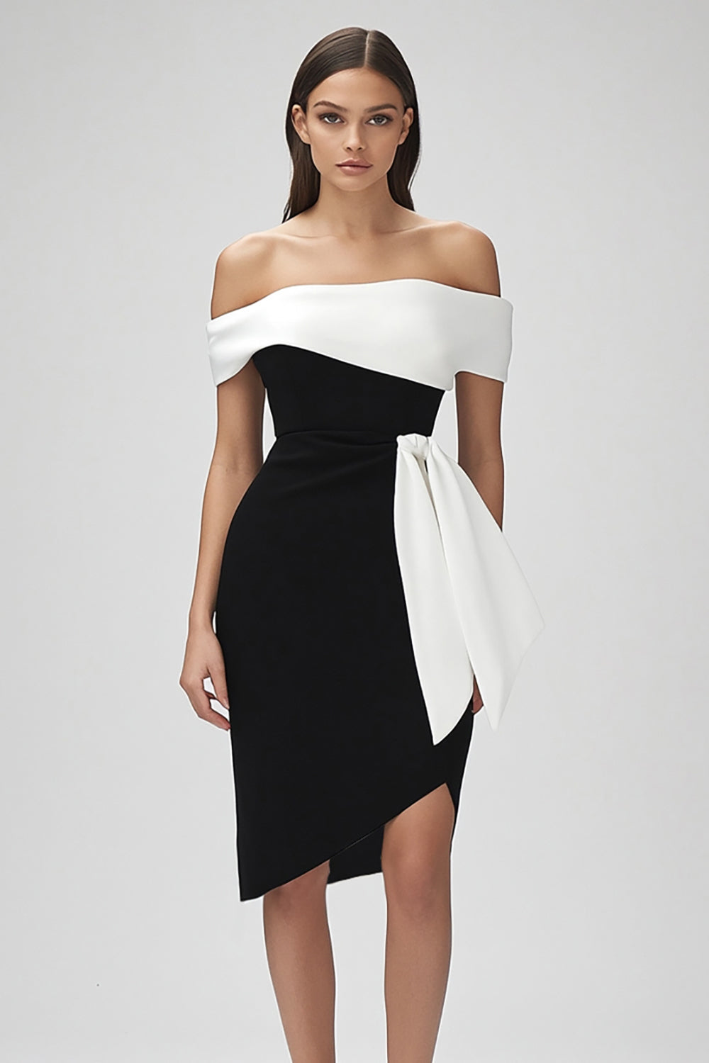 Short Bodycon Ivory and Black Cocktail Dress with Ruffles