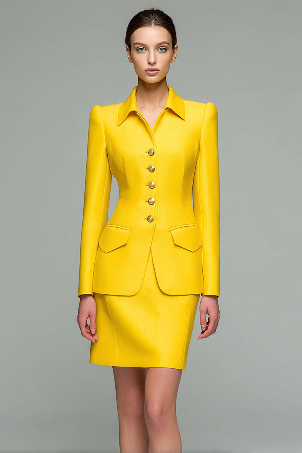 Yellow 2 Piece Collar Neck Business Suits