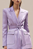 2 Piece Lilac Peak Lapel Satin Business Suits with Sash